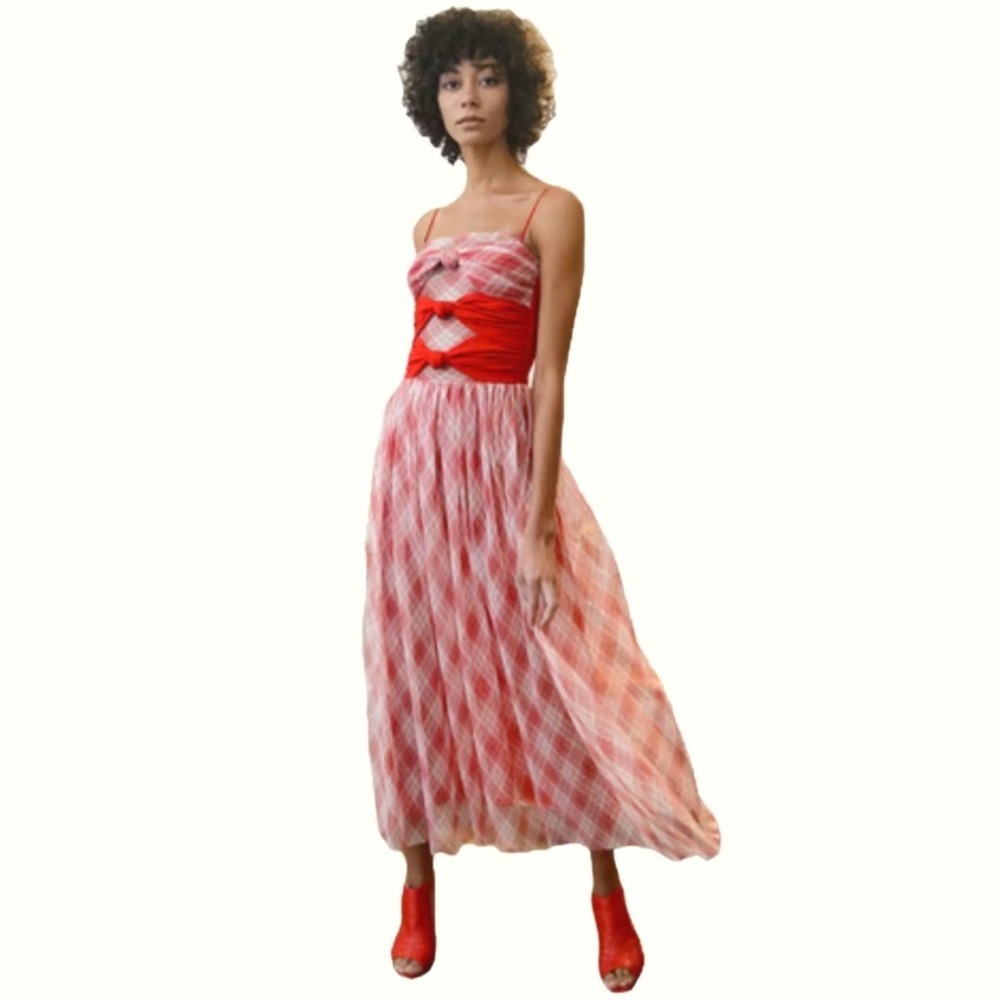 Adam Lippes Collective Dress Size 2 XS Red Plaid Argyle Maxi Dress Pleated